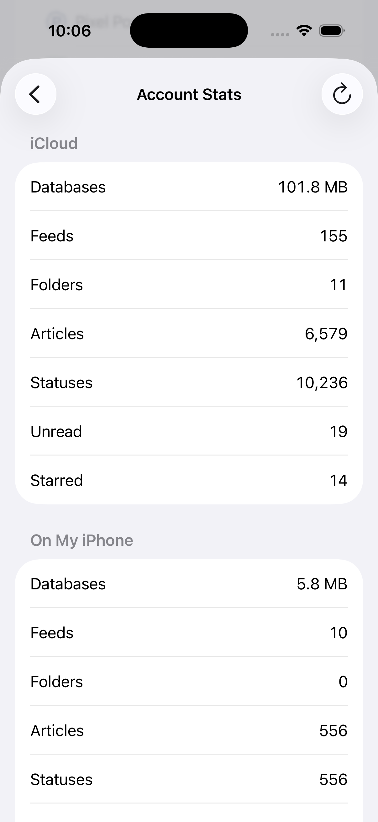 Screenshot of the iOS Account Stats screen