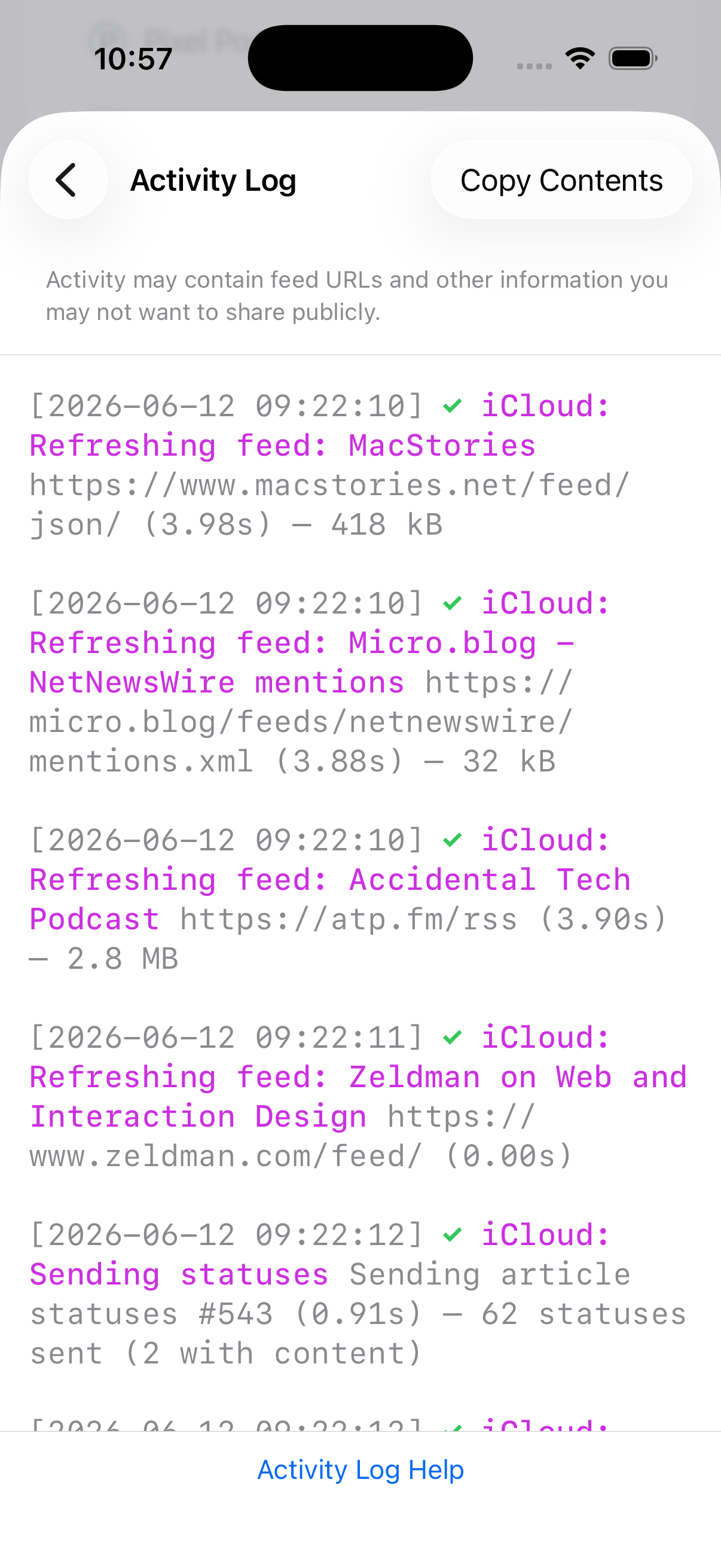 Screenshot of the iOS Activity Log screen
