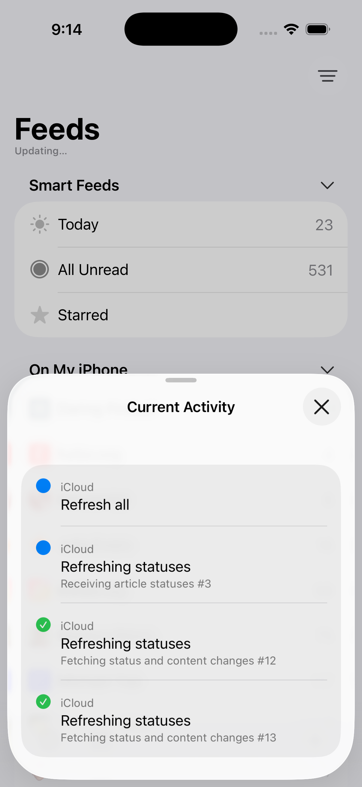 Screenshot of the iOS Current Activity screen