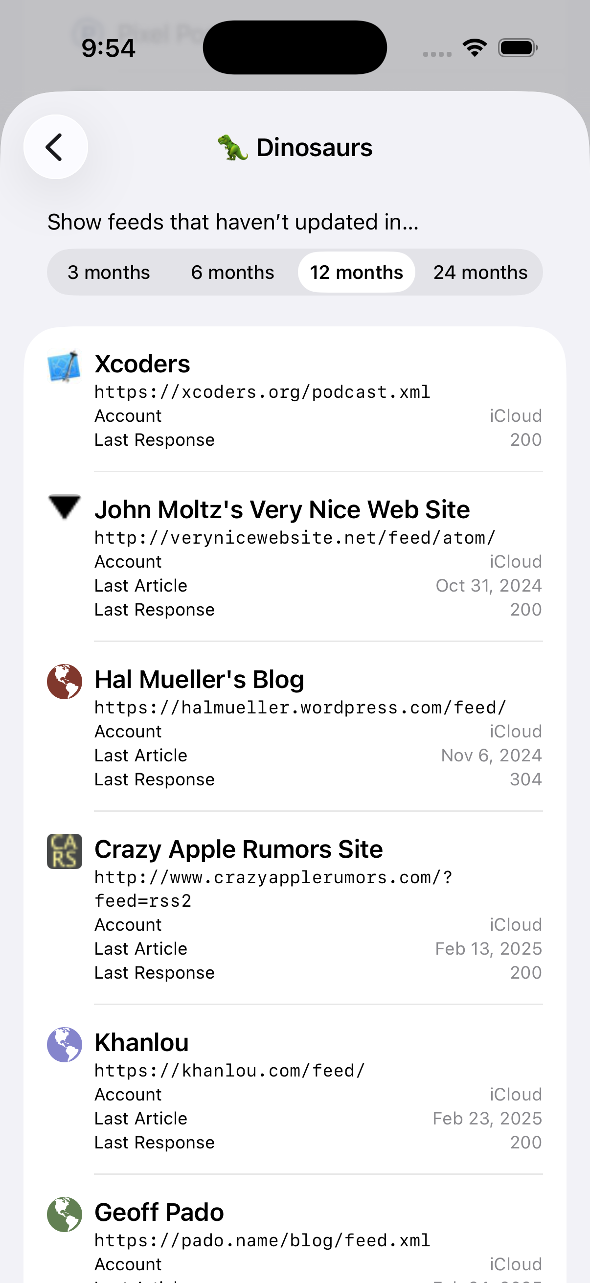 Screenshot of the iOS Dinosaurs screen