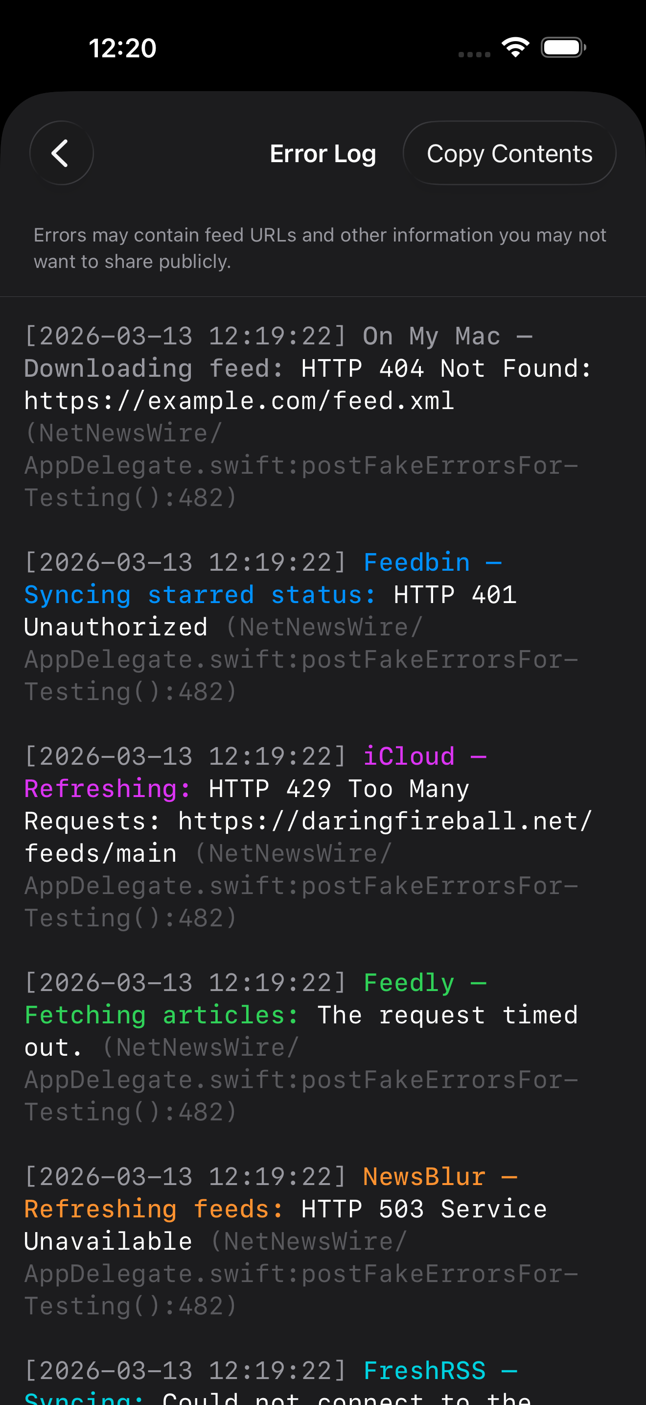Screenshot of the iOS Error Log window