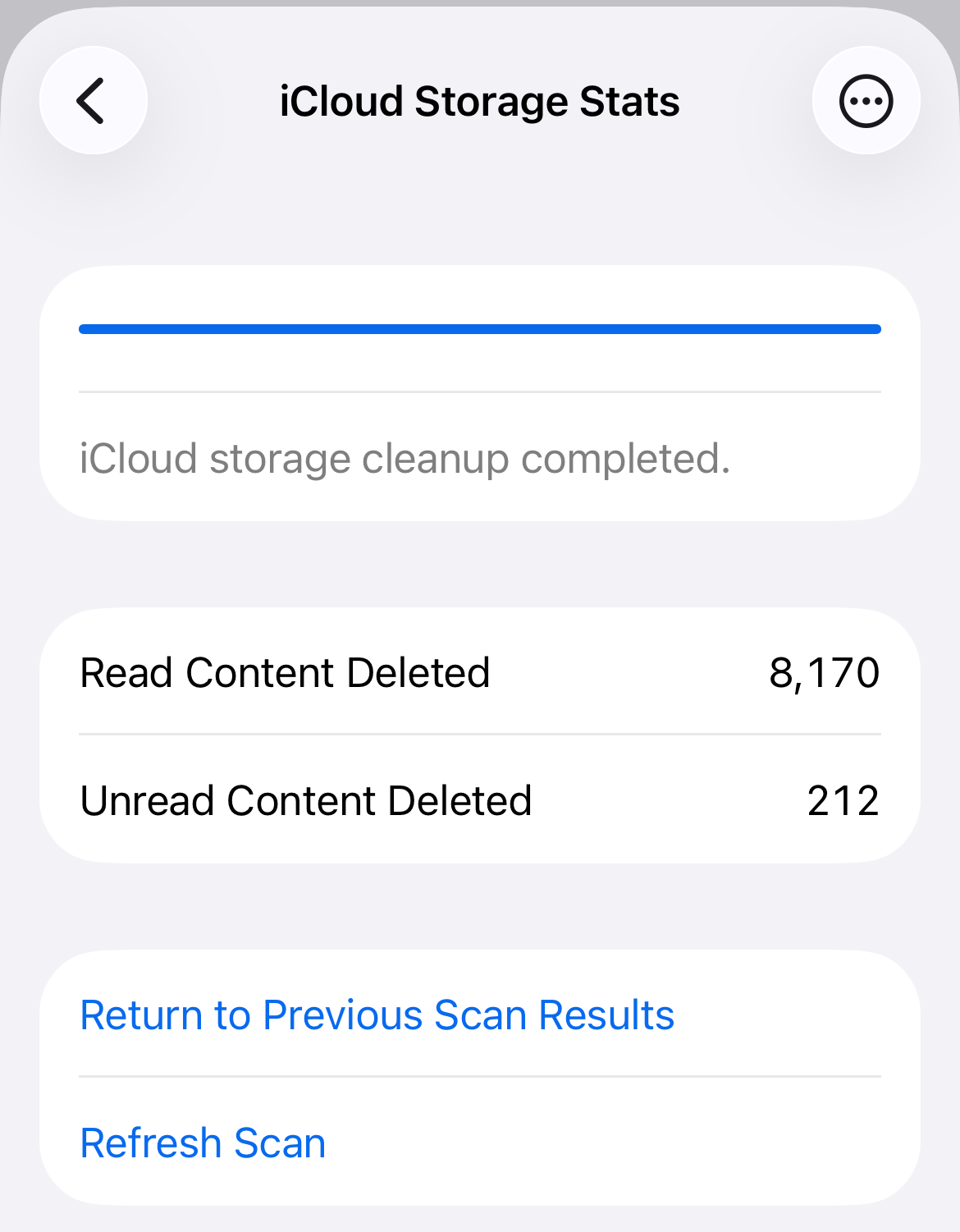 iOS screenshot showing the iCloud Storage Stats having completed a cleanup and reporting stats.
