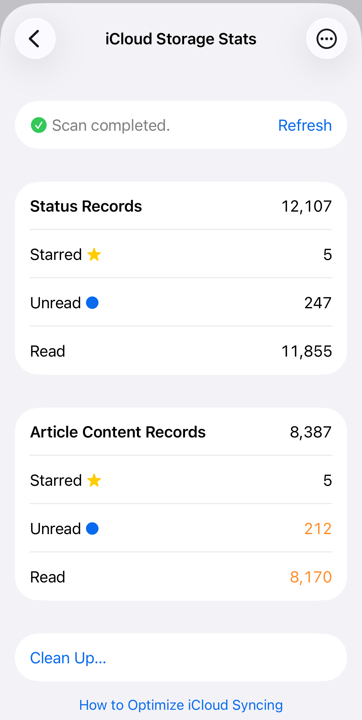 iOS screenshot showing iCloud Storage Stats screen with a completed scan. Includes statistics for status records and article content records.