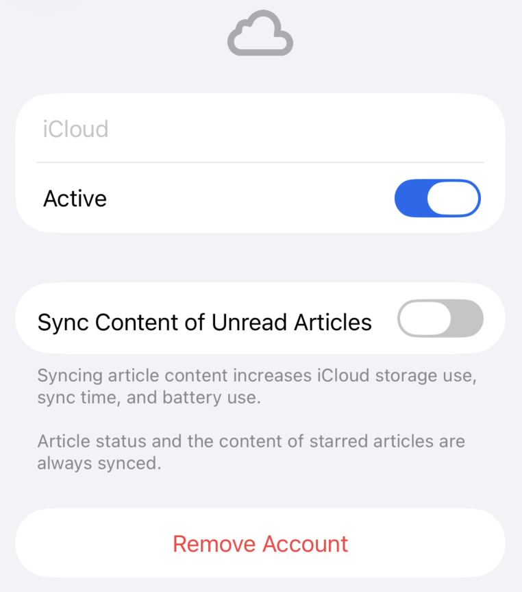 iOS screenshot showing iCloud account settings with checkbox off for syncing content of unread articles