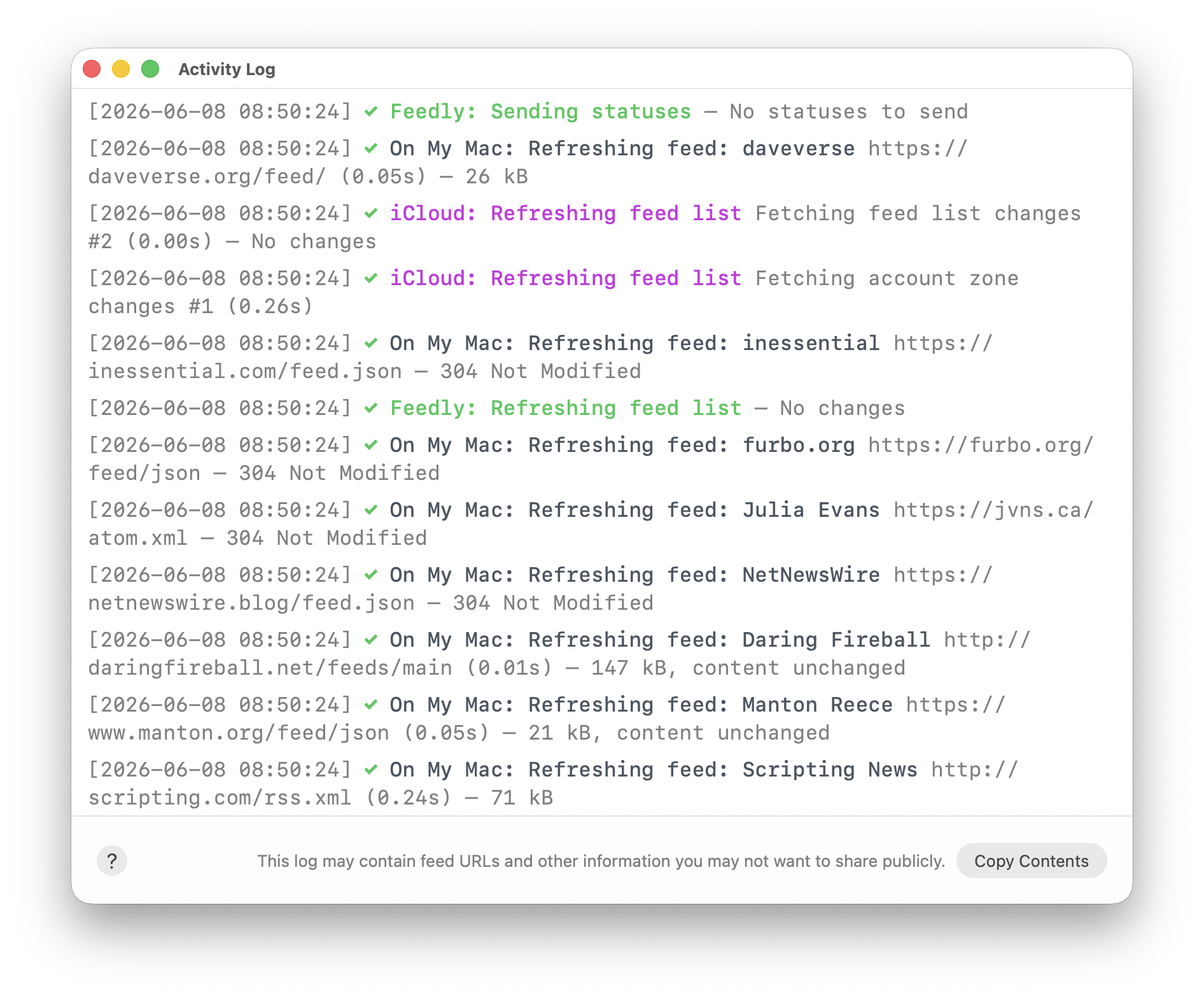 Screenshot of the Activity Log window
