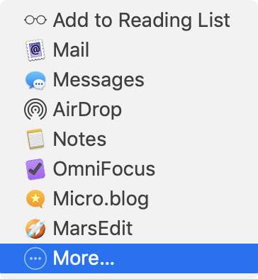 A screenshot of the macOS Share menu showing the “More…” item highlighted.