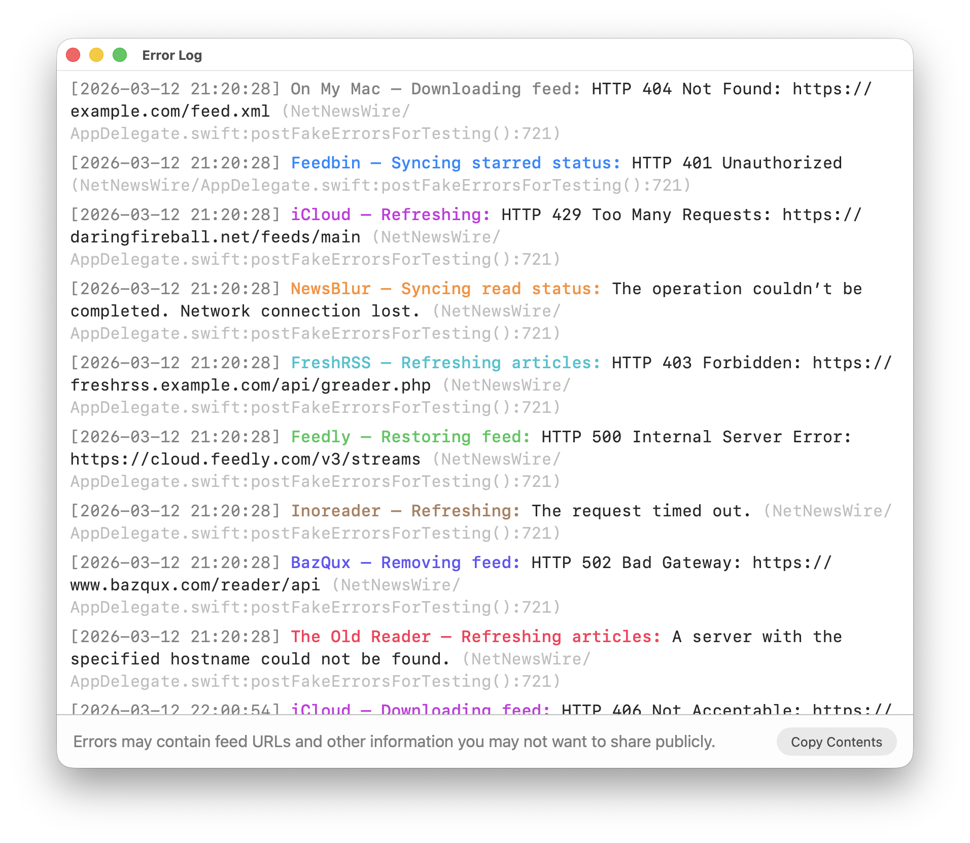 Screenshot of the Mac Error Log window