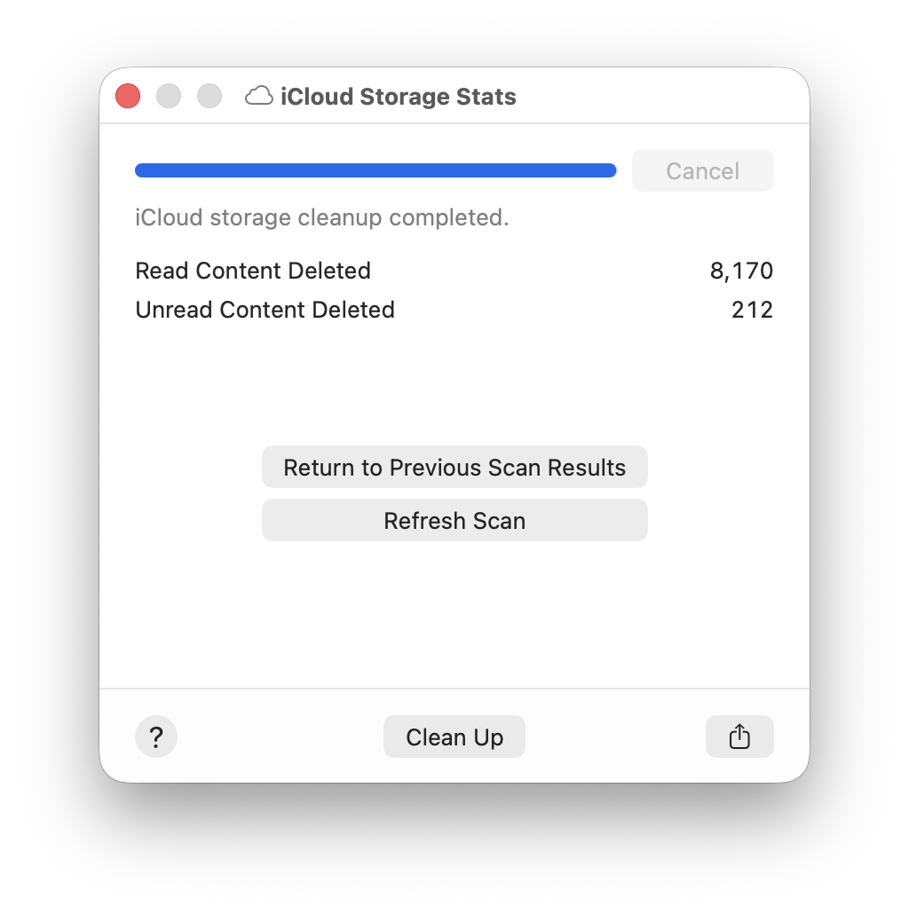 Mac screenshot showing the iCloud Storage Stats window having completed a cleanup and reporting stats.