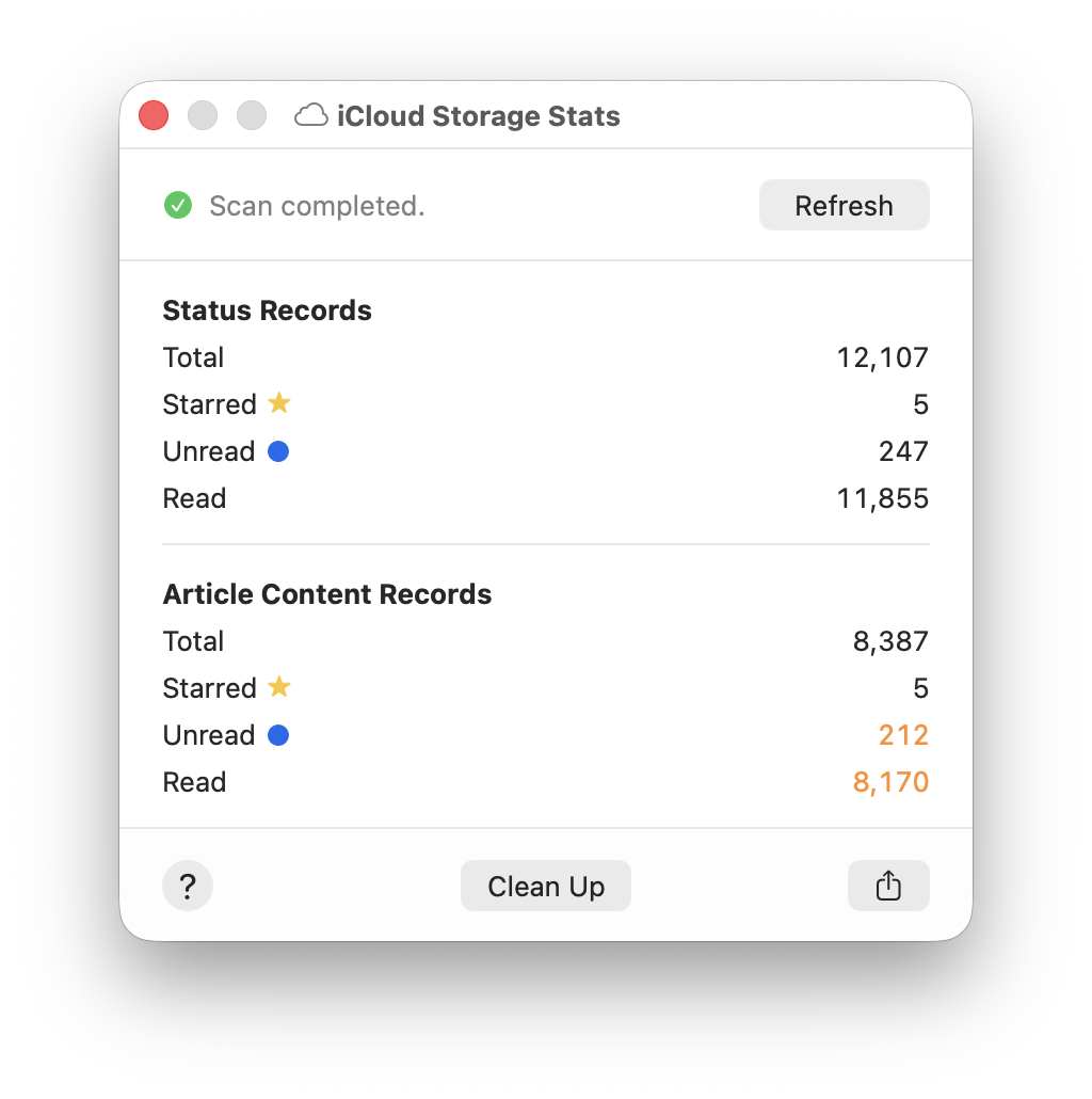Mac screenshot showing iCloud Storage Stats window with a completed scan. Includes statistics for status records and article content records.