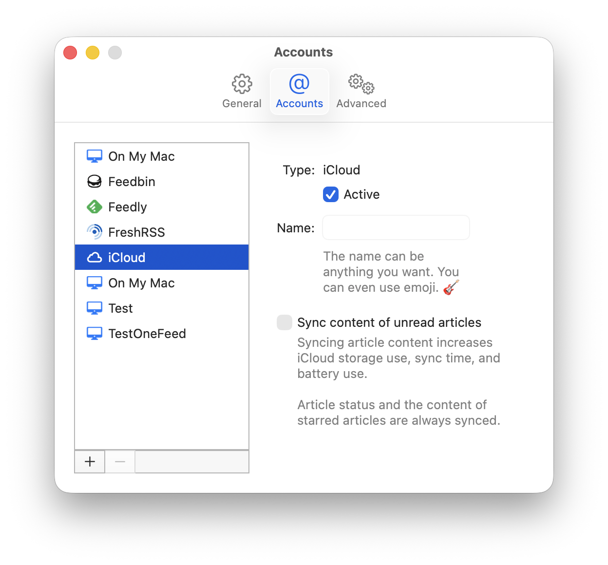 Mac screenshot showing iCloud account settings with checkbox off for syncing content of unread articles