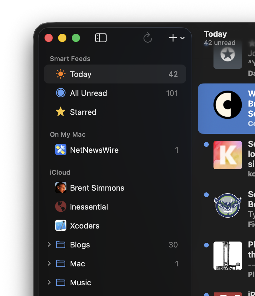 Screenshot showing NetNewsWire in dark mode.