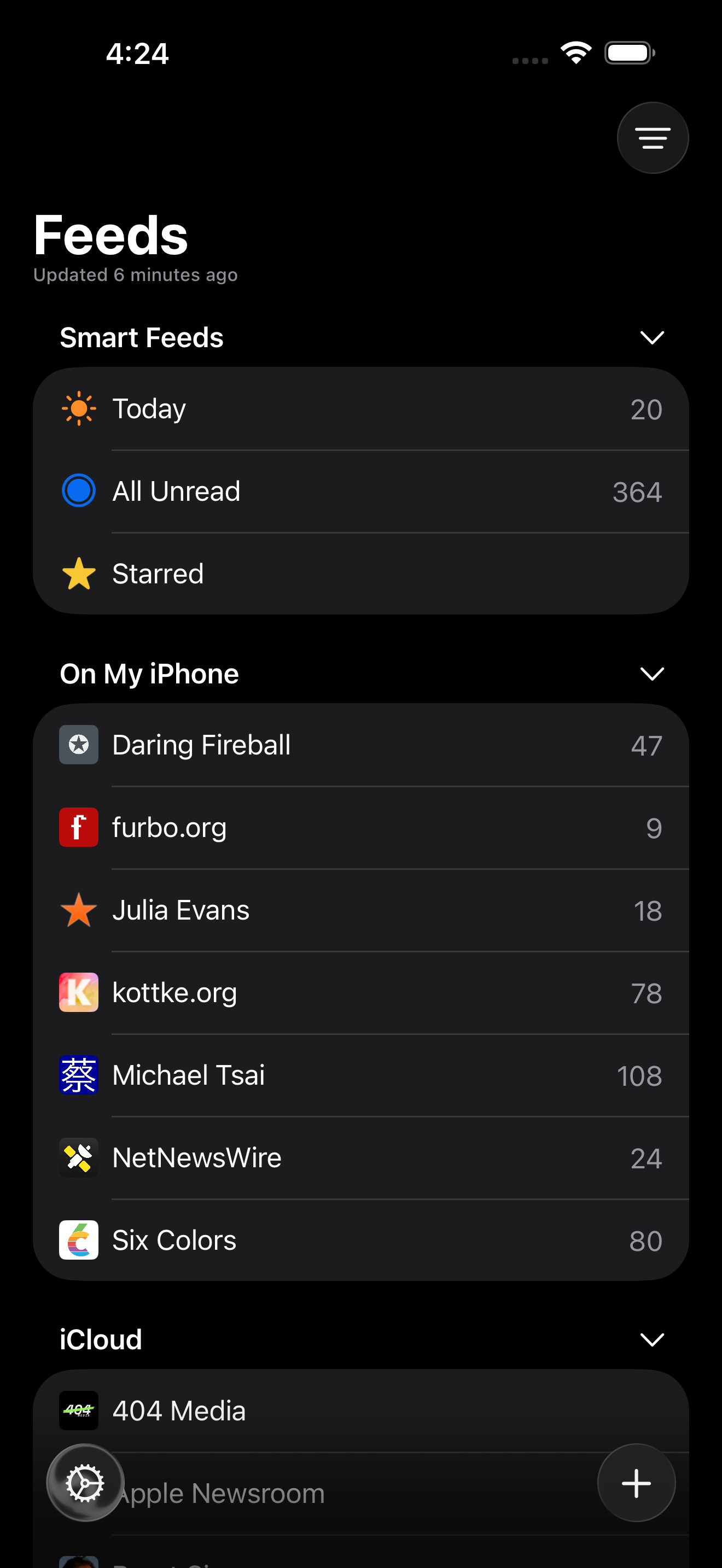 Screenshot showing the Feeds list in dark mode.