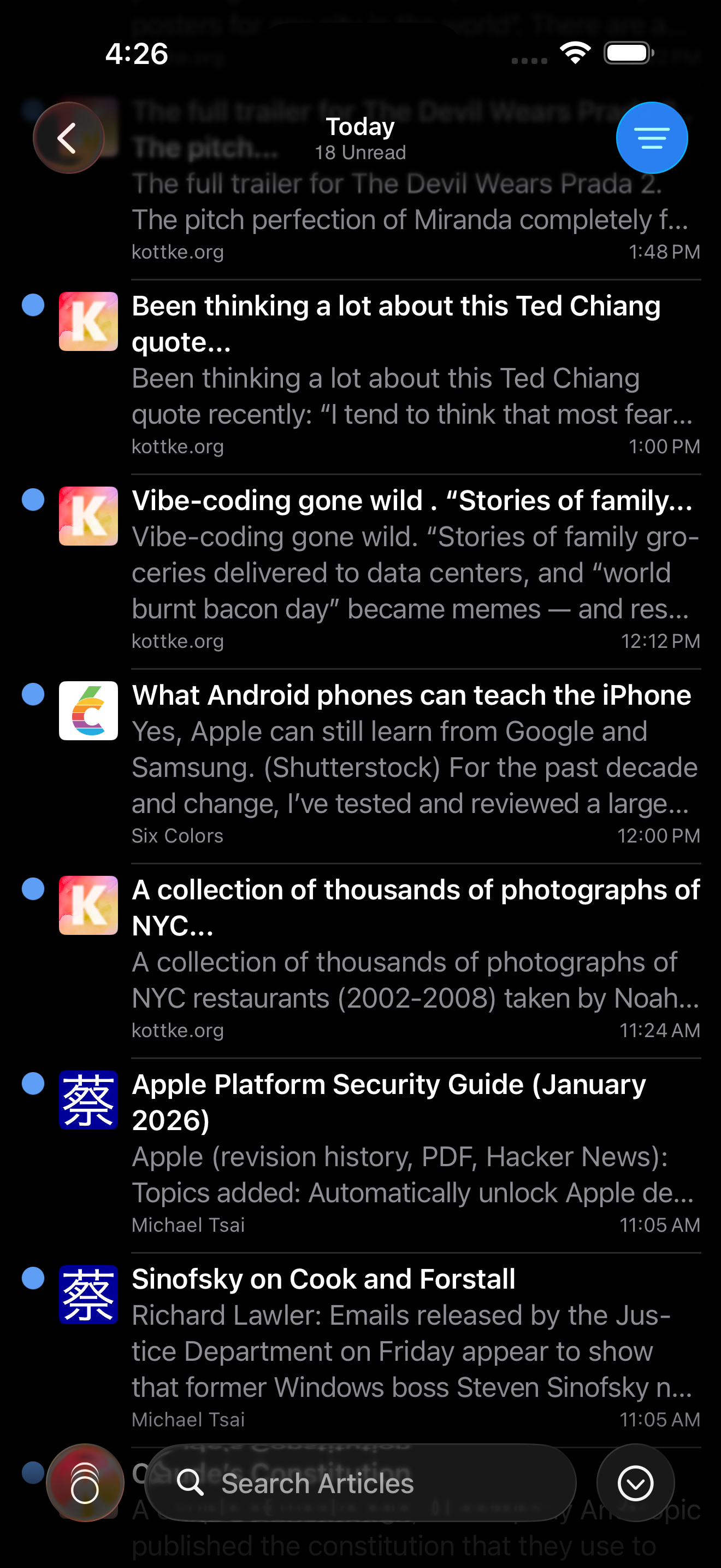 Screenshot showing the articles list in dark mode.