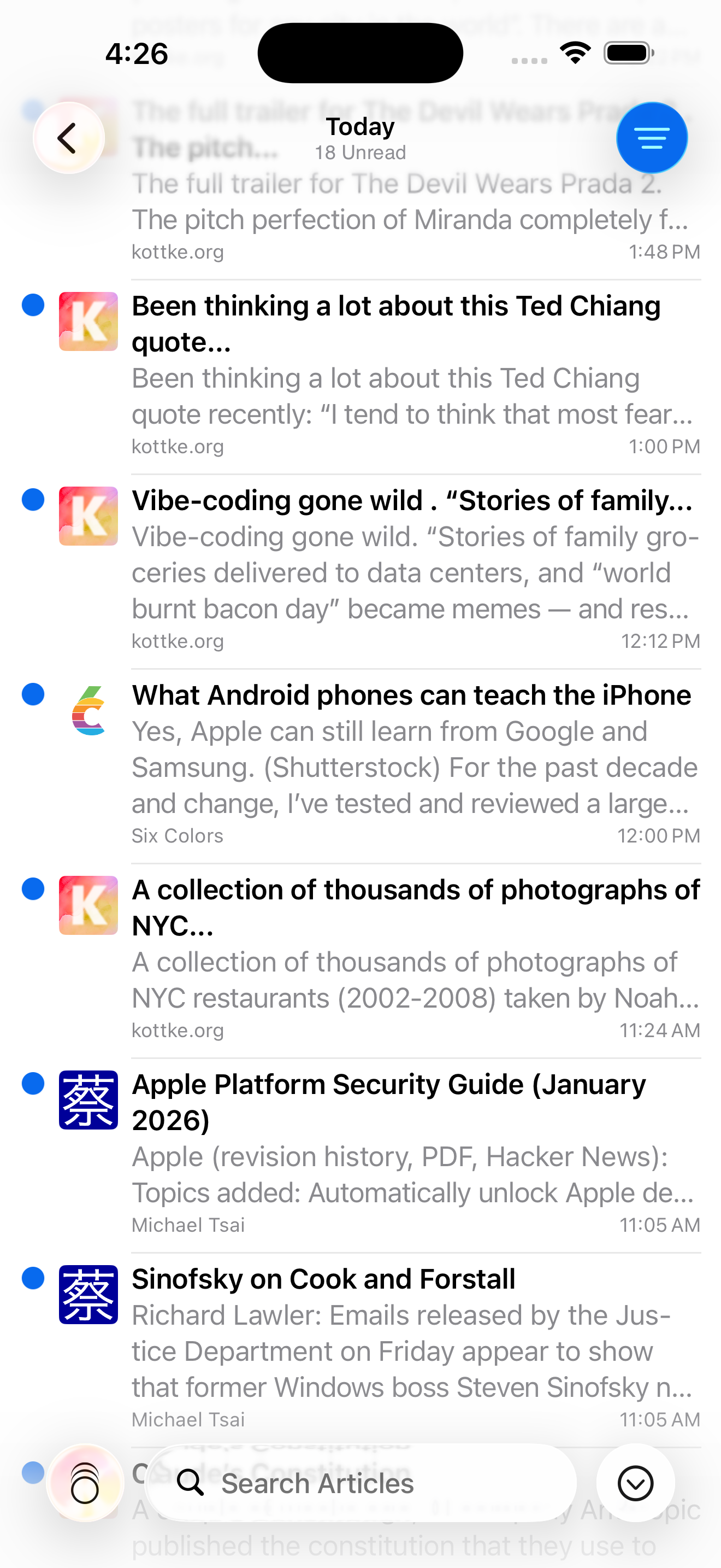 Screenshot showing the articles list in light mode.