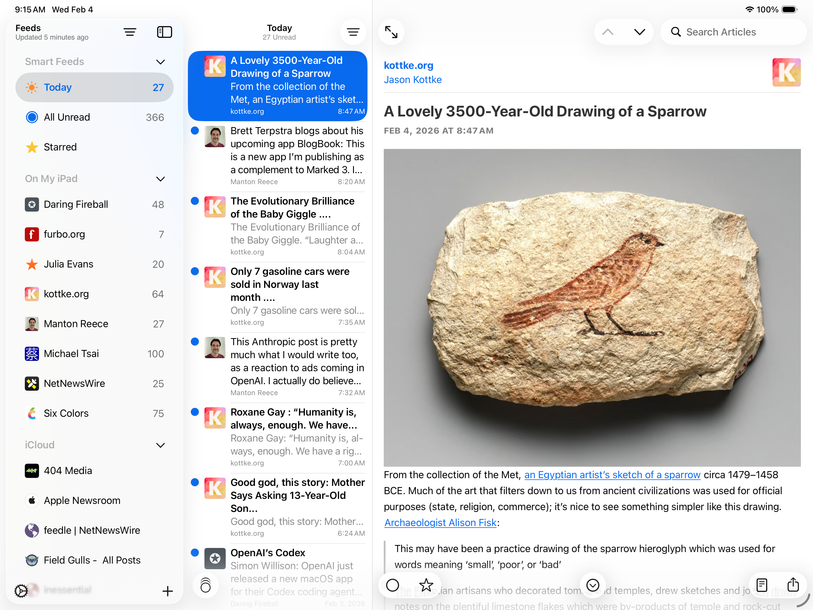 Screenshot showing NetNewsWire running on an iPad in light mode, with all three panes showing.