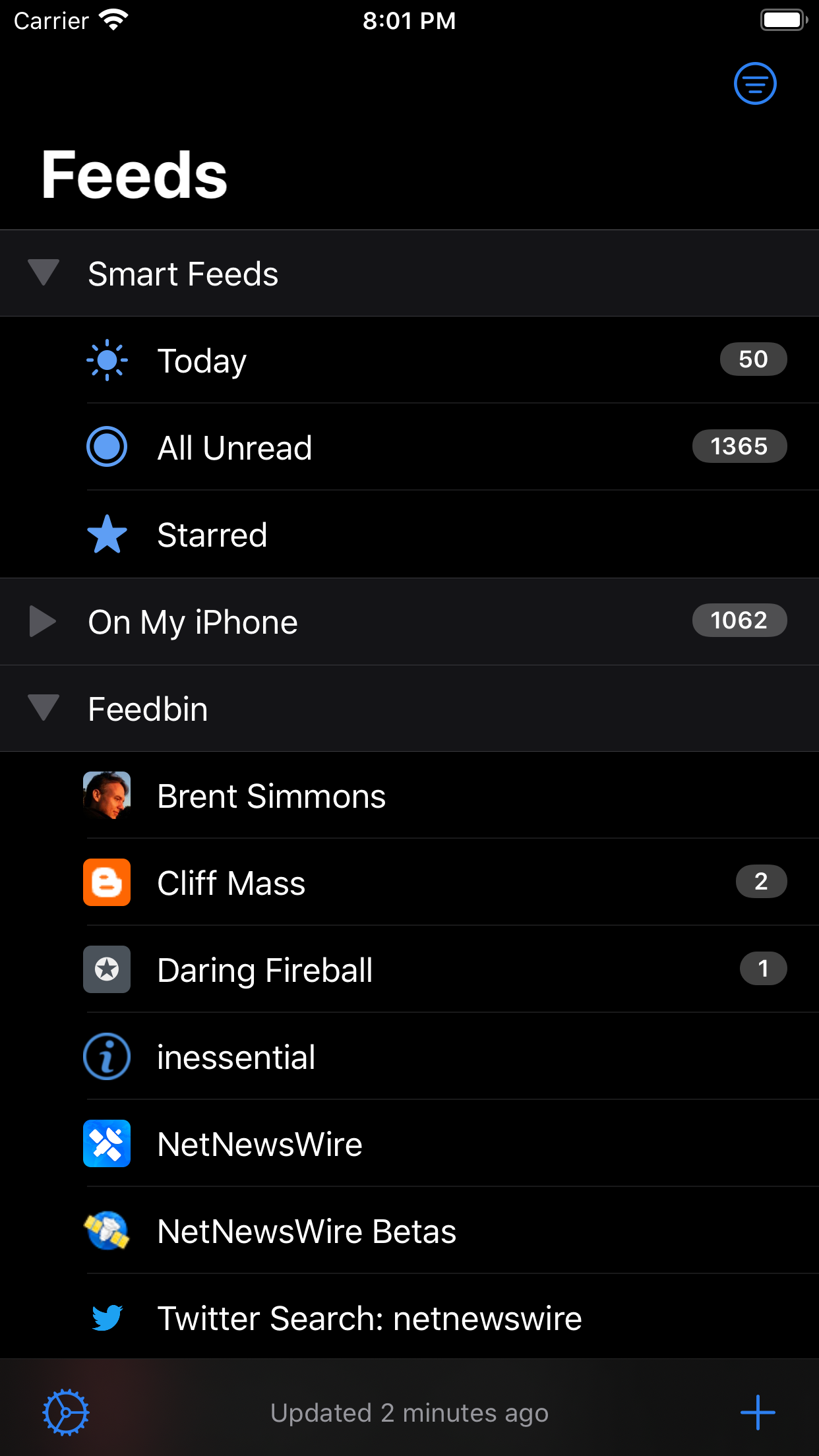 Screenshot showing the Feeds list in Dark Mode.