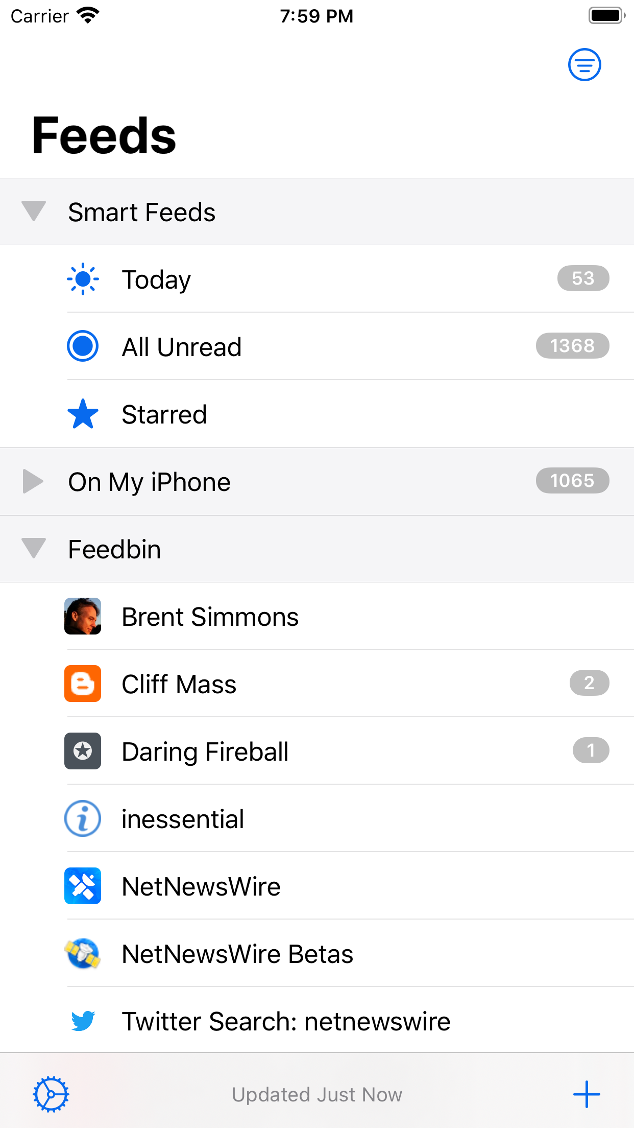 Screenshot showing the Feeds list in light mode.
