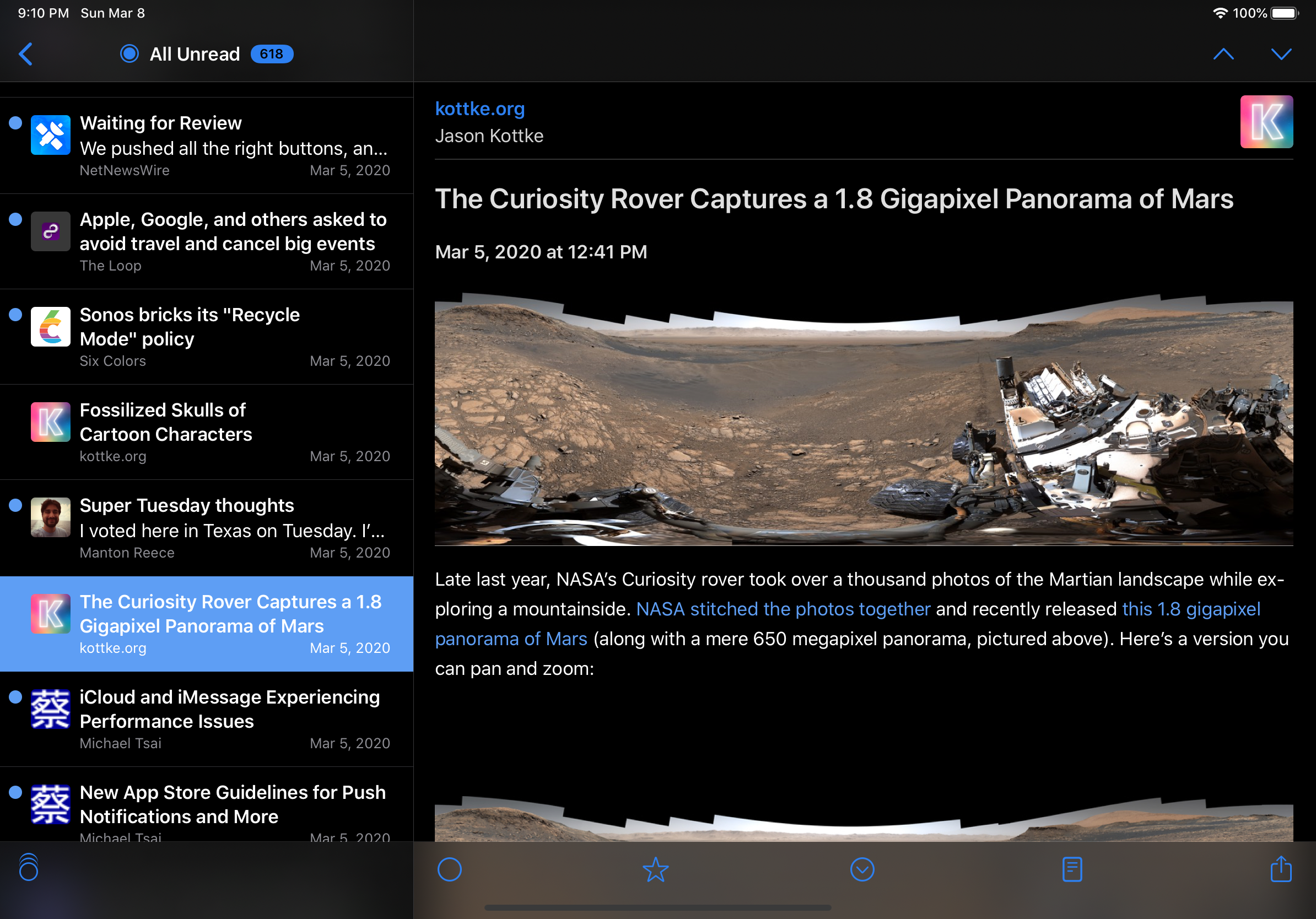 Screenshot showing an NetNewsWire in an iPad in Dark Mode, with the Feeds pane hidden.